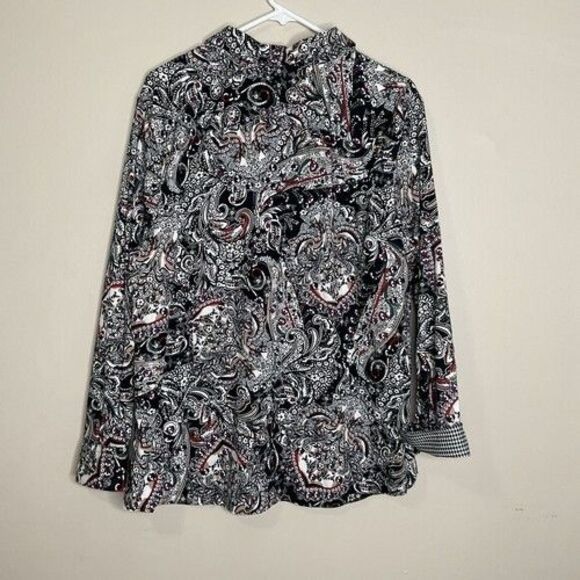 Chaps Black/White Multi Paisley Print No Iron Button Up Shirt Women Size 2X - Picture 8 of 10